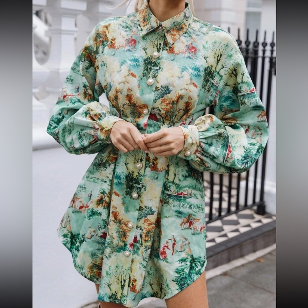 2/20 🌿🌻Collared buttoned pleated oversized landscape dress​​